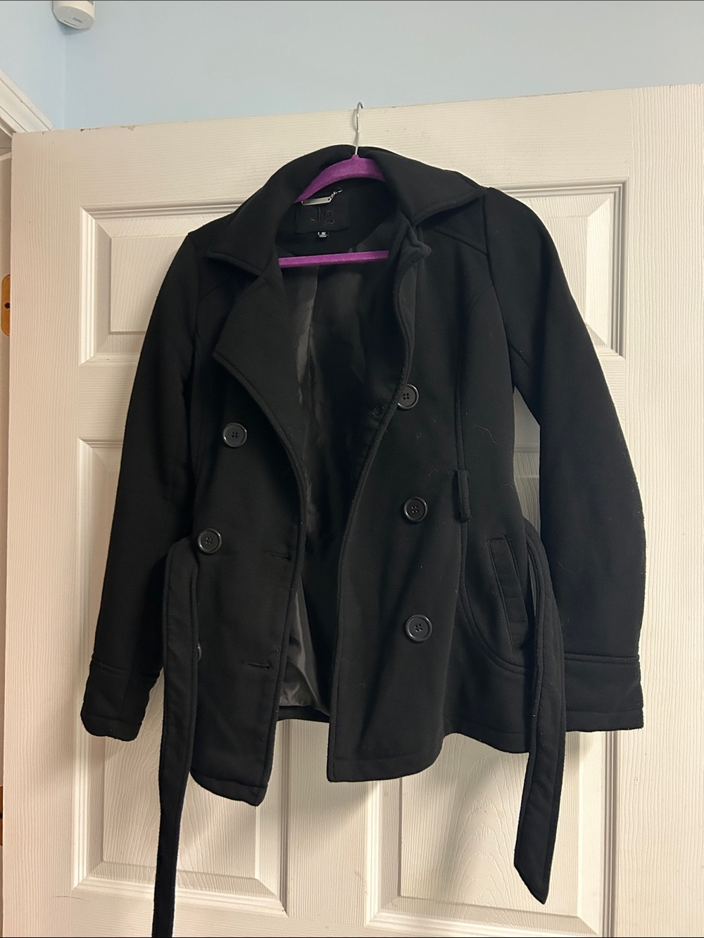 Women's Black Double-Breasted Peacoat with Waist Tie
